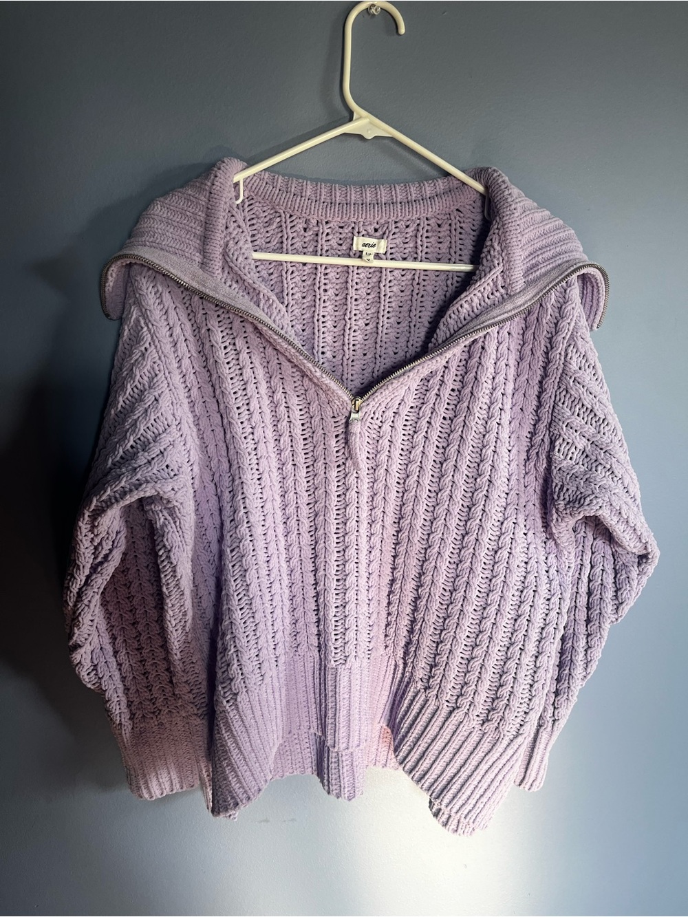 aerie Lavender Cable-Knit Half-Zip Turtleneck Sweater